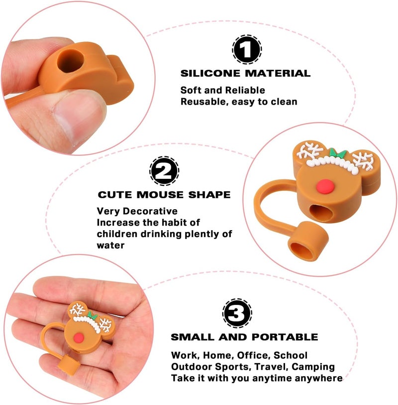 BENOSPACE 4 Pcs Mouse Head Silicone Straw Tips Cover for Christmas - Cute Reusable Drinking Straw Topper Caps, Dust-Proof Plugs Protectors for 6-8 mm Straws - Image 3